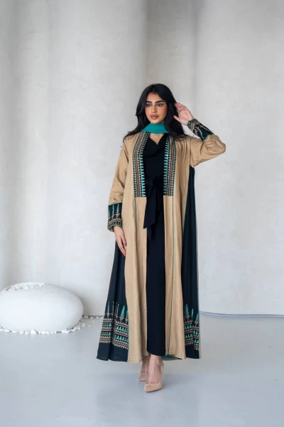 Linen beige abaya with embroidery IB278 Beige