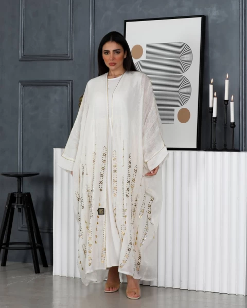 White linen abaya with hand embroidery IB137 white