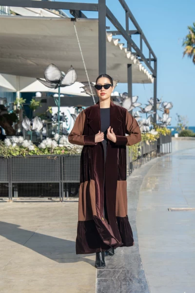 Crepe velvet abaya with silk velvet and crepe in brown color IB270