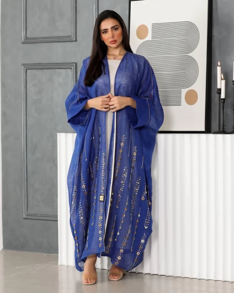 Blue linen abaya with hand embroidery IB137 Blue