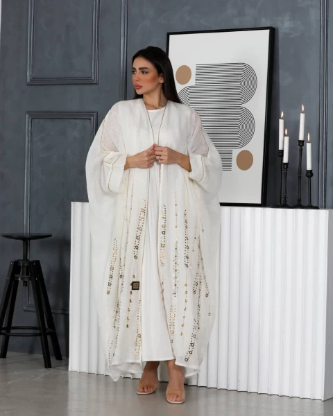 White linen abaya with hand embroidery IB137 white