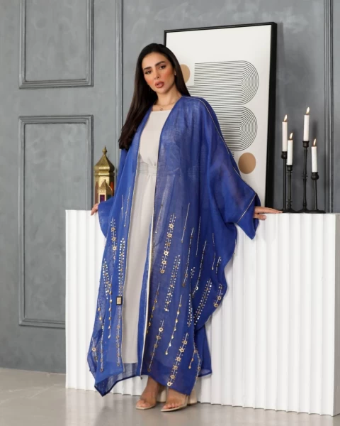 Blue linen abaya with hand embroidery IB137 Blue
